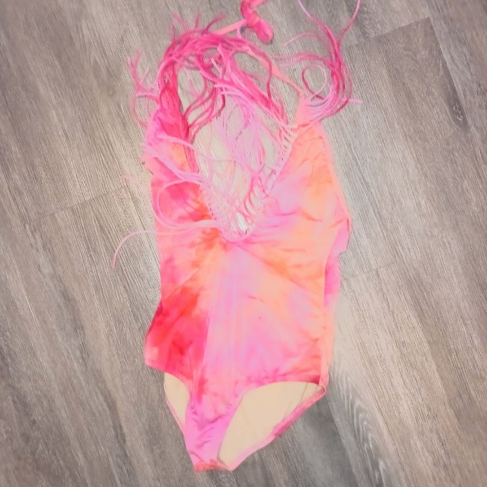 Vintage orange pink 90s fringe low cut swim suit one piece size medium